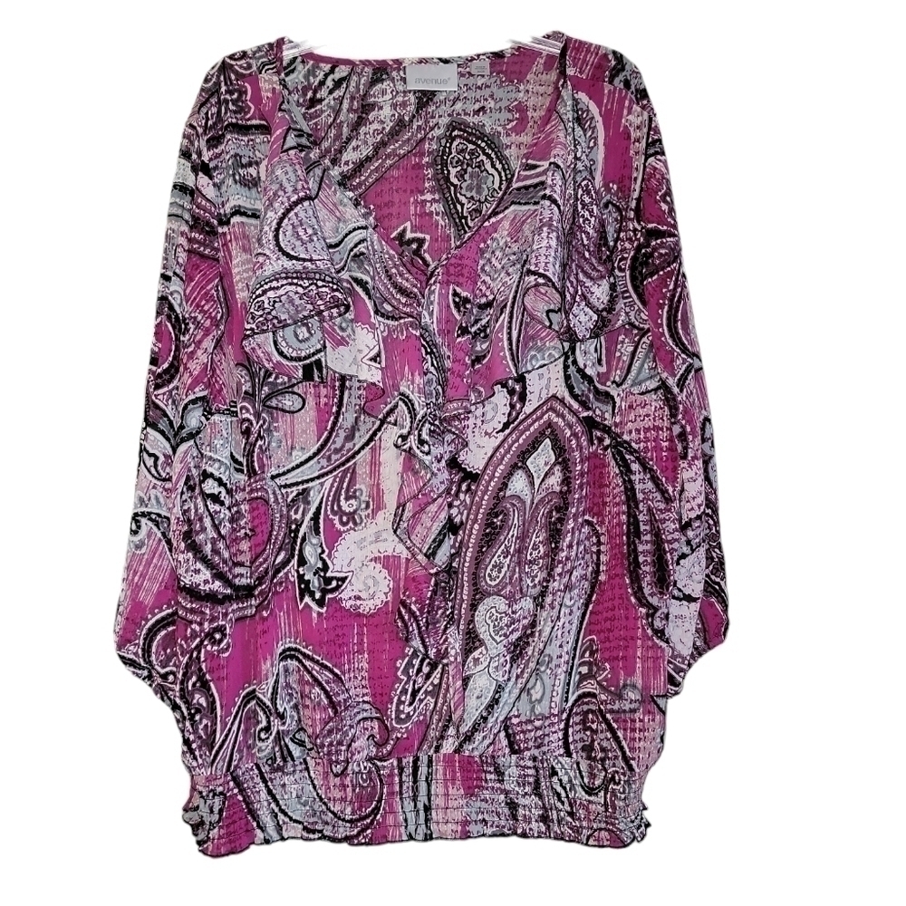 Avenue polyester paisley blouse top size   26/28 ruffle, semi sheer